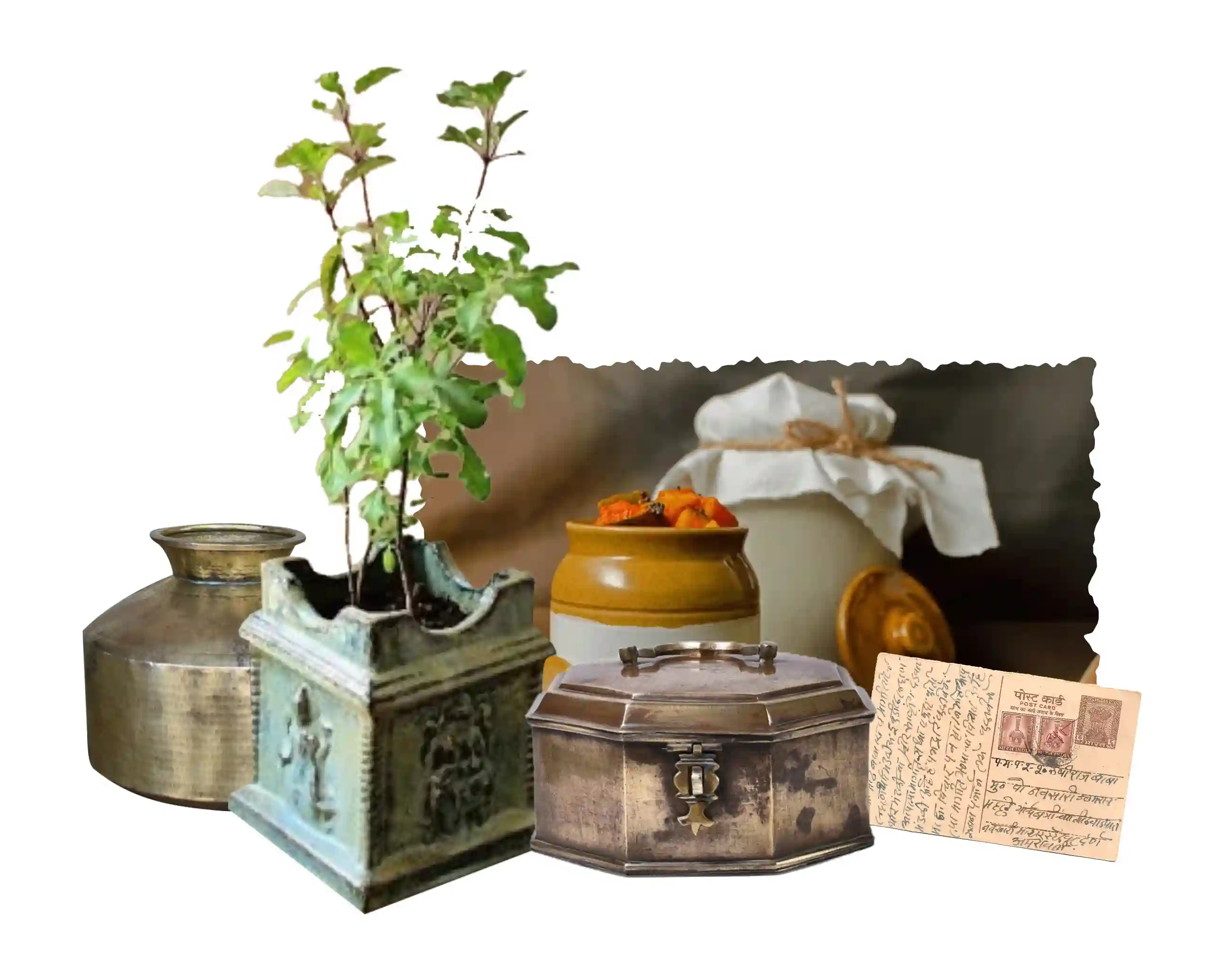 Heirlooms of a Konkan home — a brass kalash, a tulsi vrindavan, a spice jar and a handwritten postcard