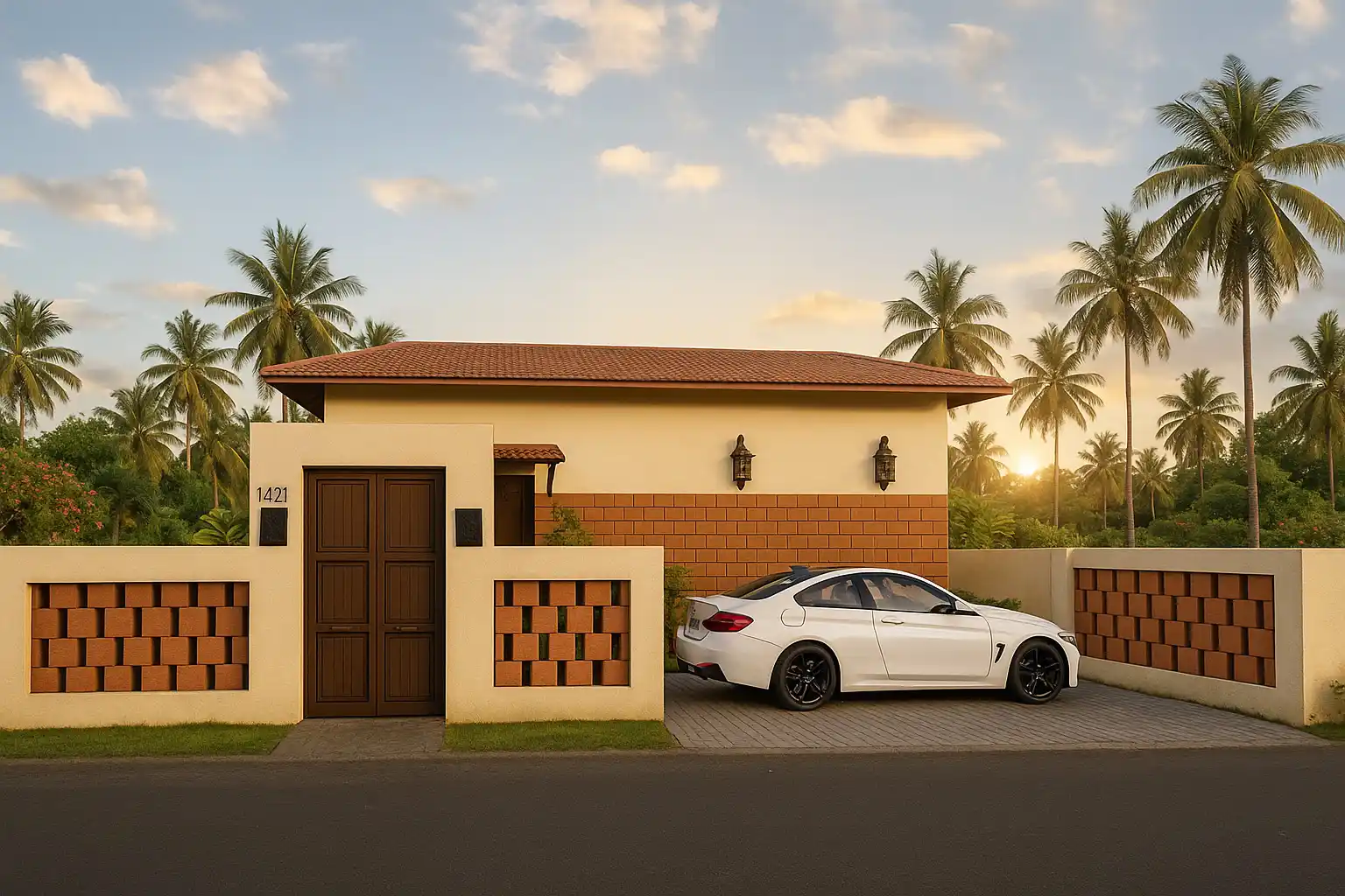Wada-style villa elevation with laterite façade and car porch